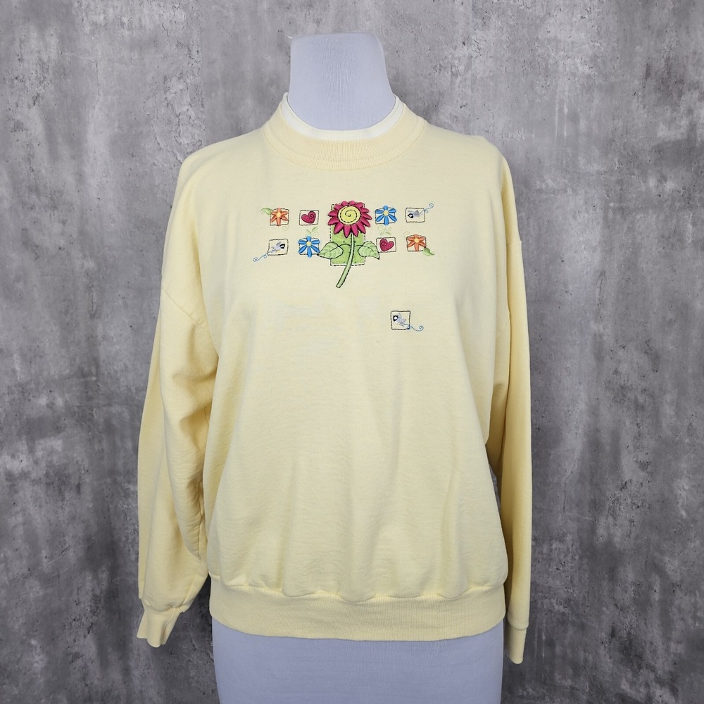 Vintage 90s Top Stitch Morning Sun Womens L Yellow Double Collar Flower Sweater